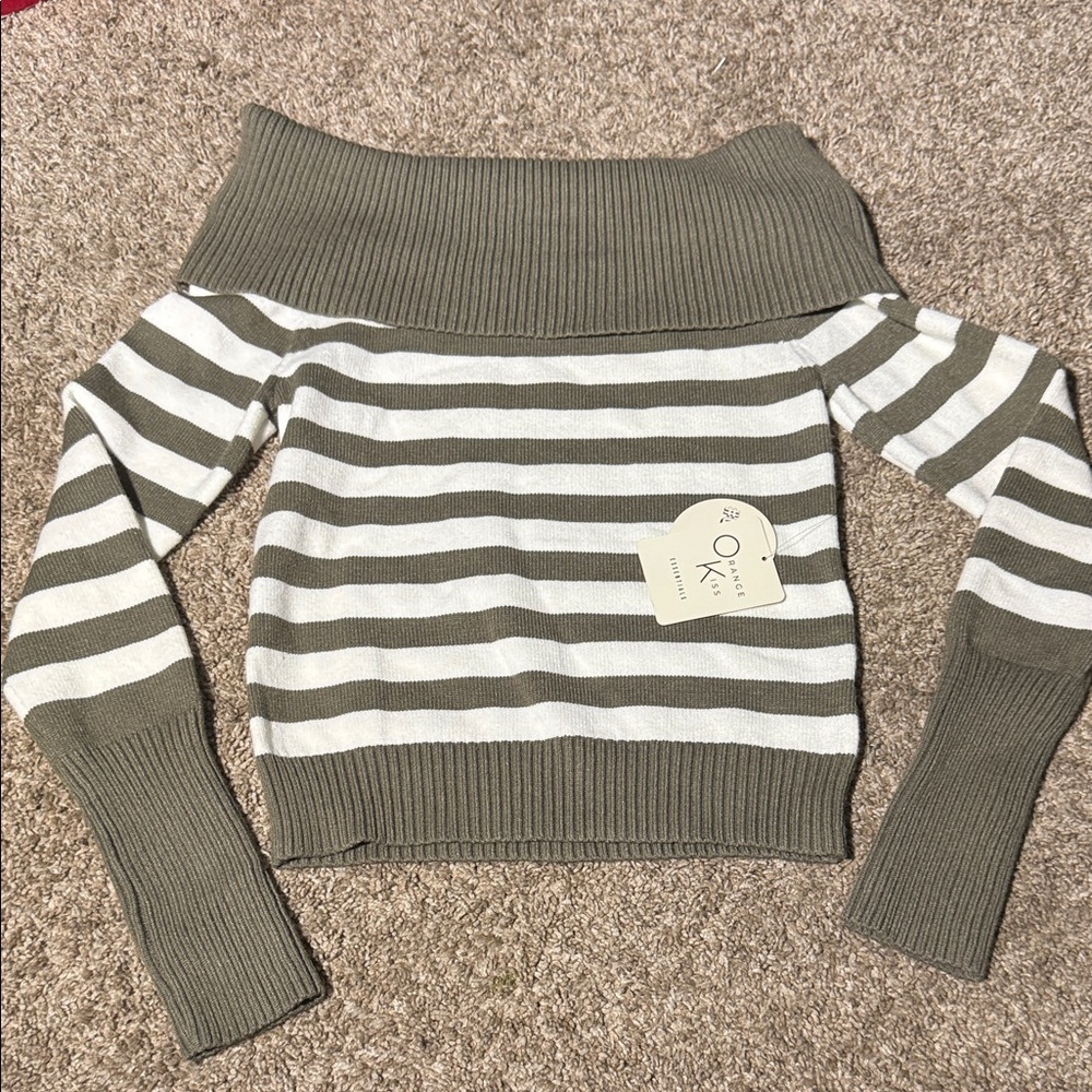 Striped Off-Shoulder Sweater - Olive and White Women’s Size Medium